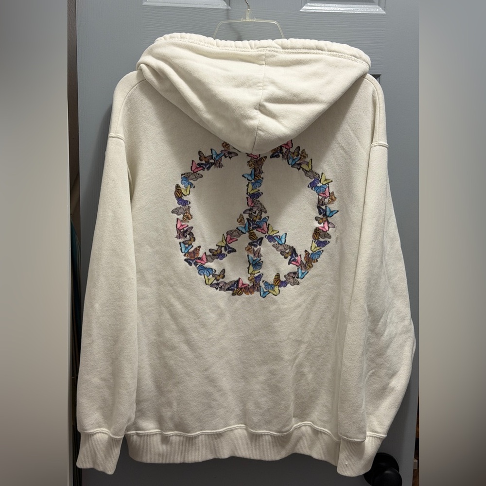 Hollister Women’s Butterfly Peace Sign Full Zip Hoodie Size Small Cream
